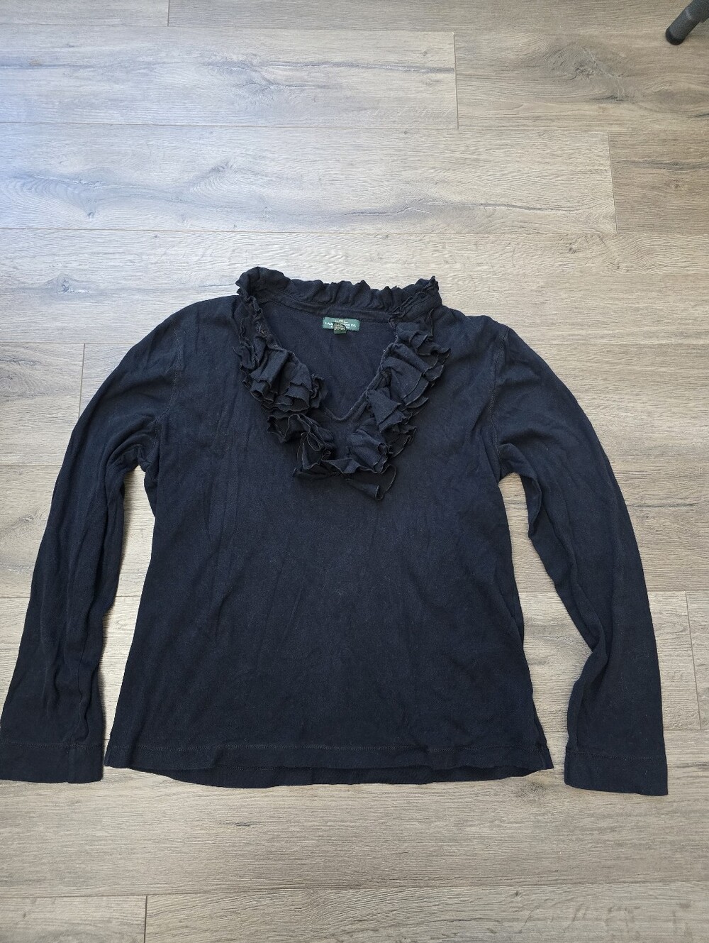 Lauren Ralph Lauren Ruffle V-Neck Long Sleeve Top Cotton Black Size XL